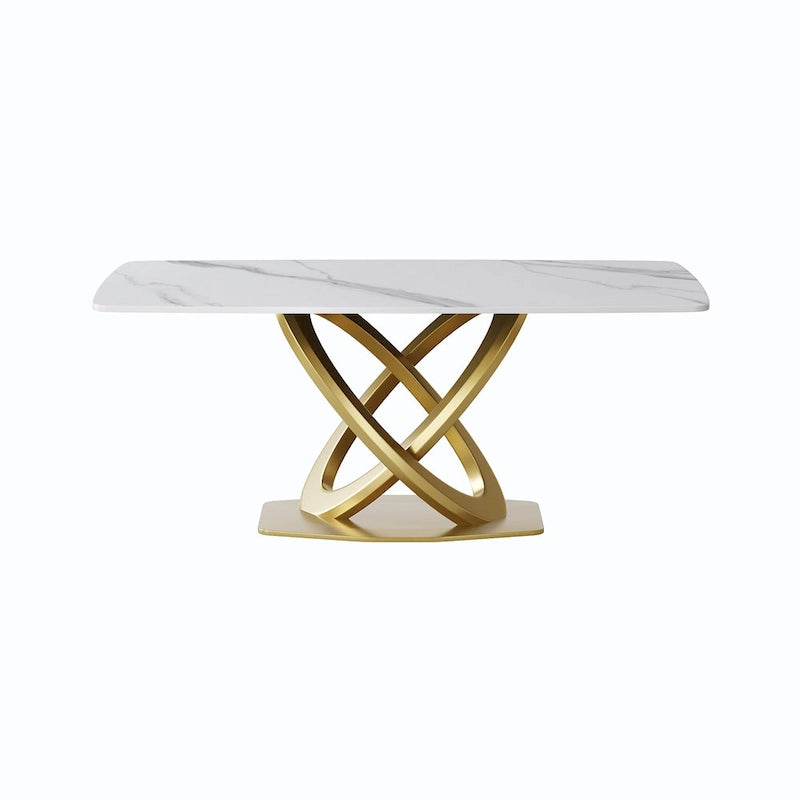 Contemporary Marble Dining Table with Gold Geometric Base