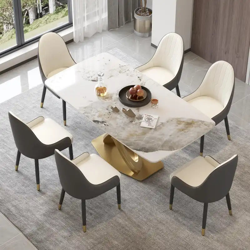 Contemporary Marble Dining Table with Gold Geometric Base