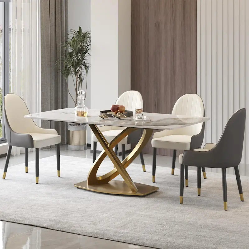Contemporary Marble Dining Table with Gold Geometric Base