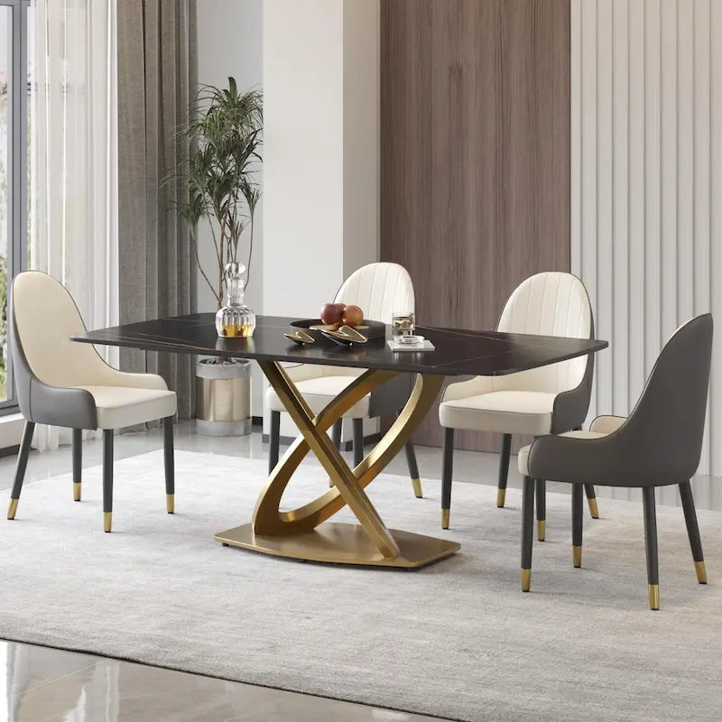 Contemporary Marble Dining Table with Gold Geometric Base