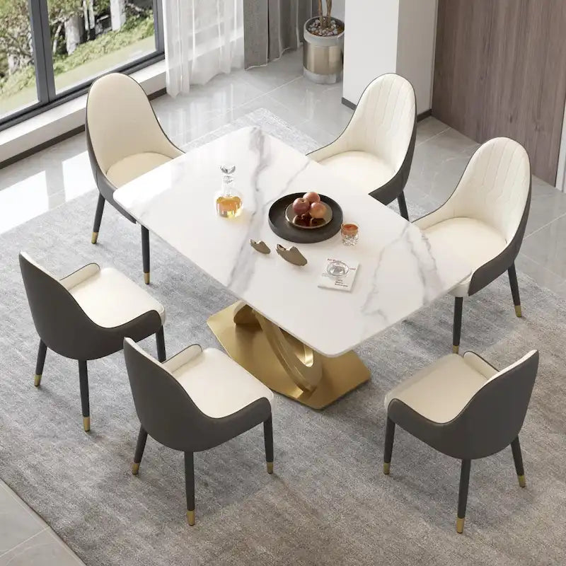 Contemporary Marble Dining Table with Gold Geometric Base