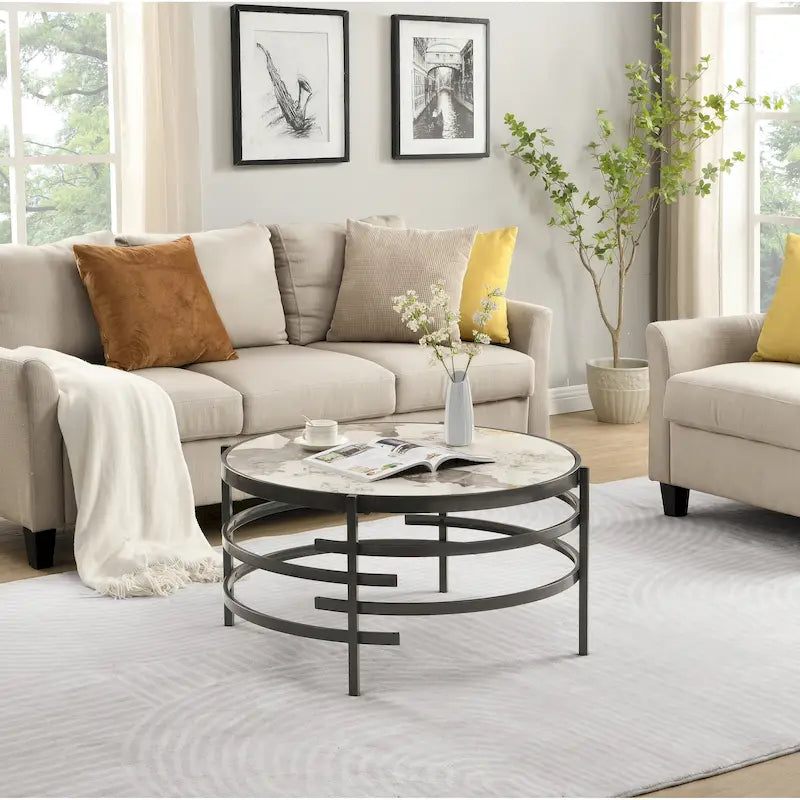 32.48 Modern Round Coffee Table with Sintered Stone Top & Sturdy Metal Frame