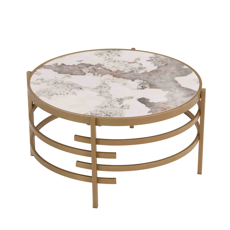 32.48 Modern Round Coffee Table with Sintered Stone Top & Sturdy Metal Frame