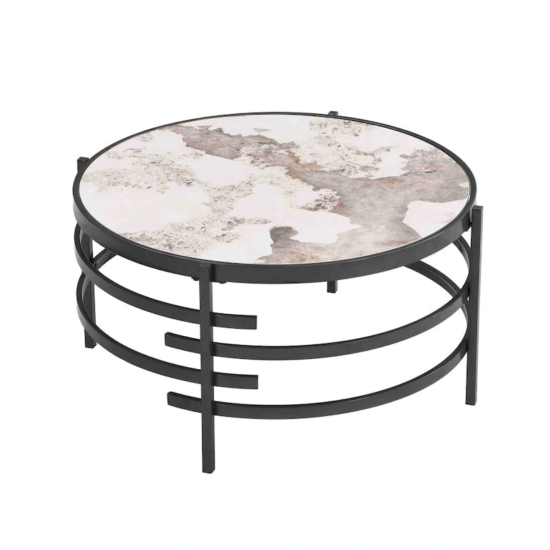32.48 Modern Round Coffee Table with Sintered Stone Top & Sturdy Metal Frame