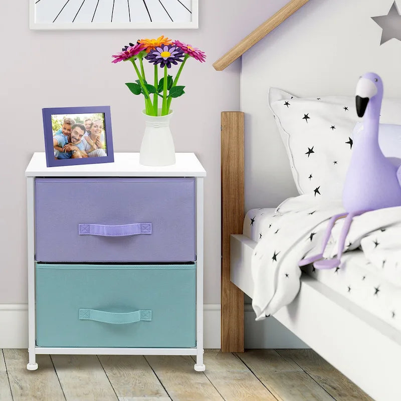 2 Drawer Bedside Nightstand End Table Bedroom Dresser, Pastel Colors