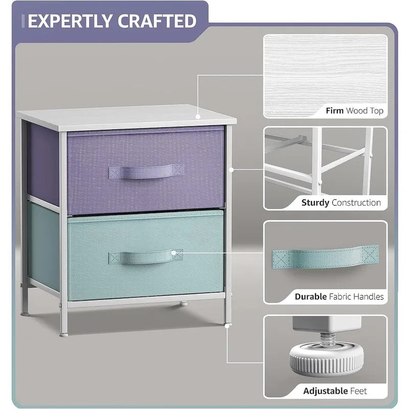 2 Drawer Bedside Nightstand End Table Bedroom Dresser, Pastel Colors