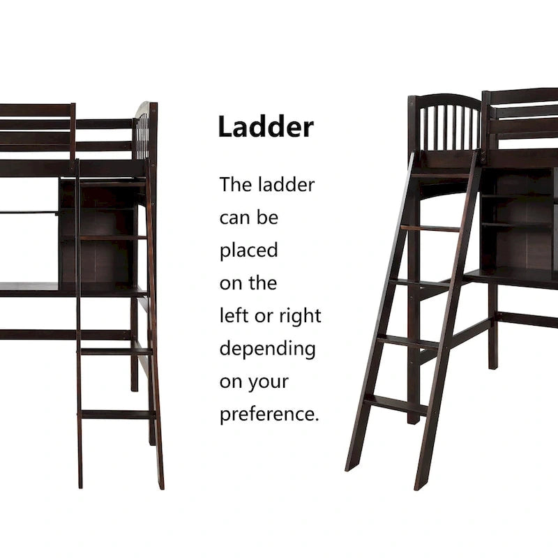 Twin size Loft Bed with Storage Shelves, Desk and Ladder