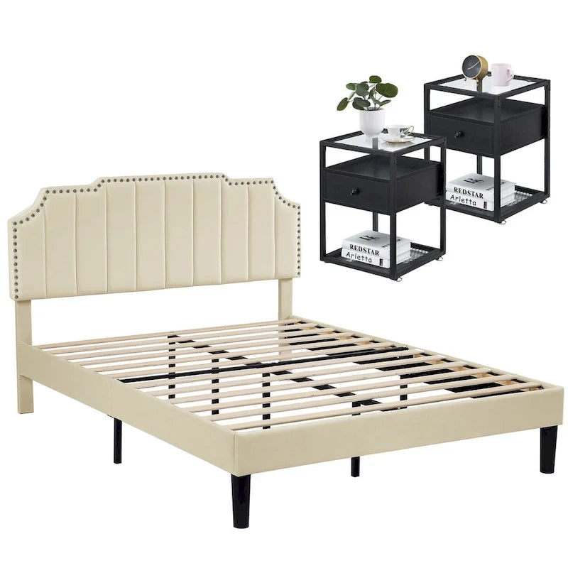 Bedroom Sets, 15 Style Options, 3-pieces Bedroom Set with Height Adjustable Upholstered Bed and Nightstands Set of 2-VECELO