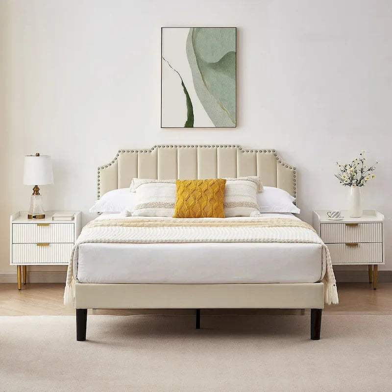 Bedroom Sets, 15 Style Options, 3-pieces Bedroom Set with Height Adjustable Upholstered Bed and Nightstands Set of 2-VECELO