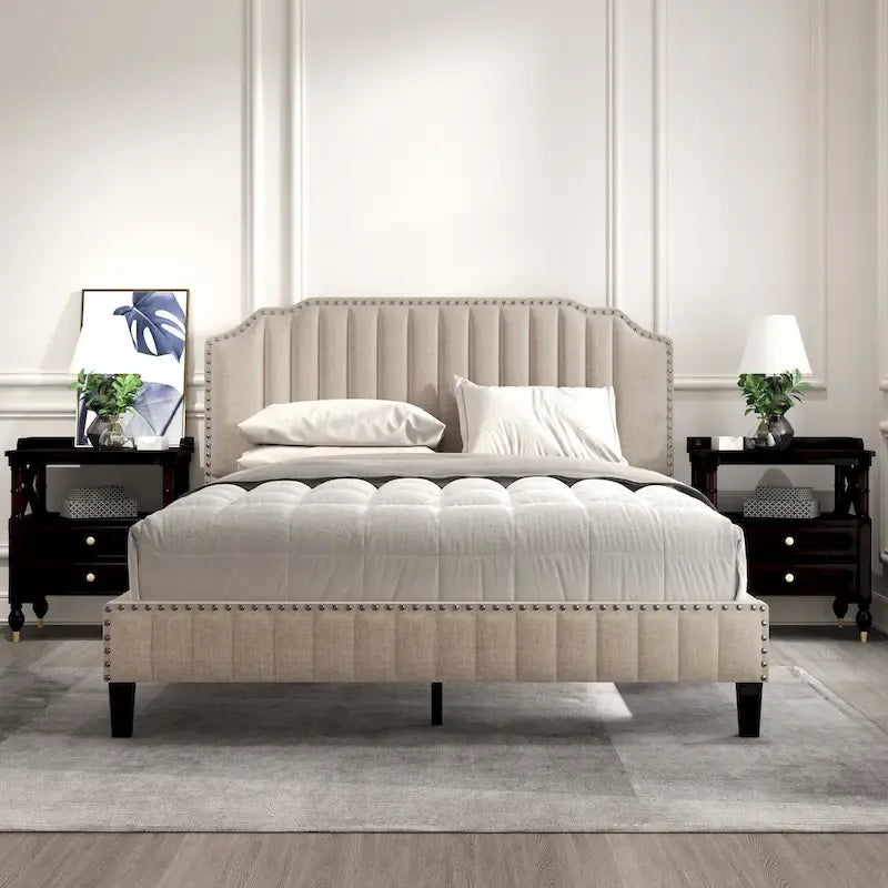 3 Pieces Bedroom Set Modern Linen Curved Upholstered Beige Platform King Bed with Two Black Cherry Nightstands