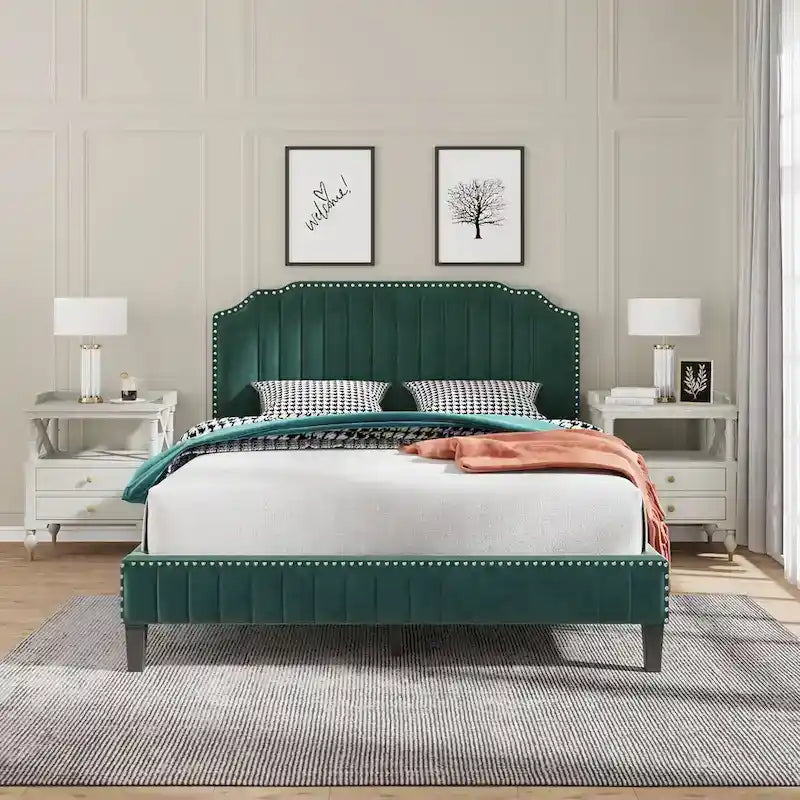 3 Pieces Bedroom Set Modern Linen Curved Upholstered Beige Platform King Bed with Two Black Cherry Nightstands