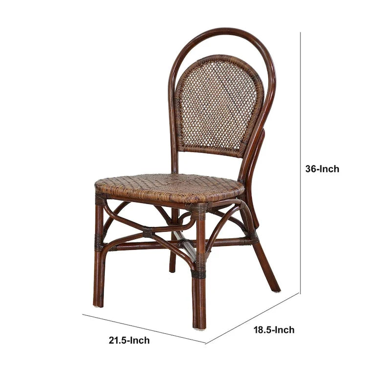 19 Inch Classic Wood Armless Chair, Rattan, Curved Back, Dual Toned, Brown