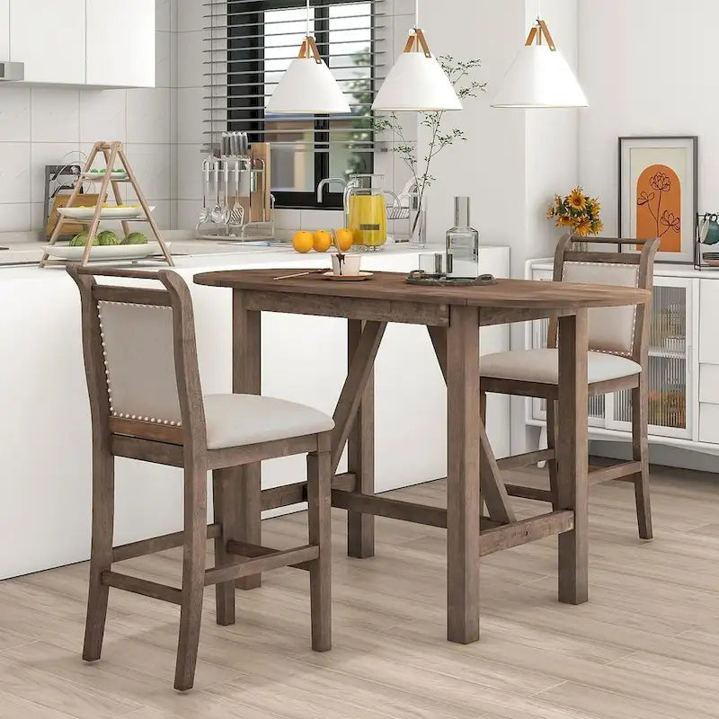 3-Piece Wood Counter Height Drop Leaf Dining Table Set with 2 Upholstered Dining Chairs