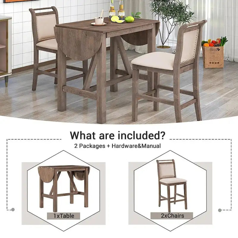 3-Piece Wood Counter Height Drop Leaf Dining Table Set with 2 Upholstered Dining Chairs