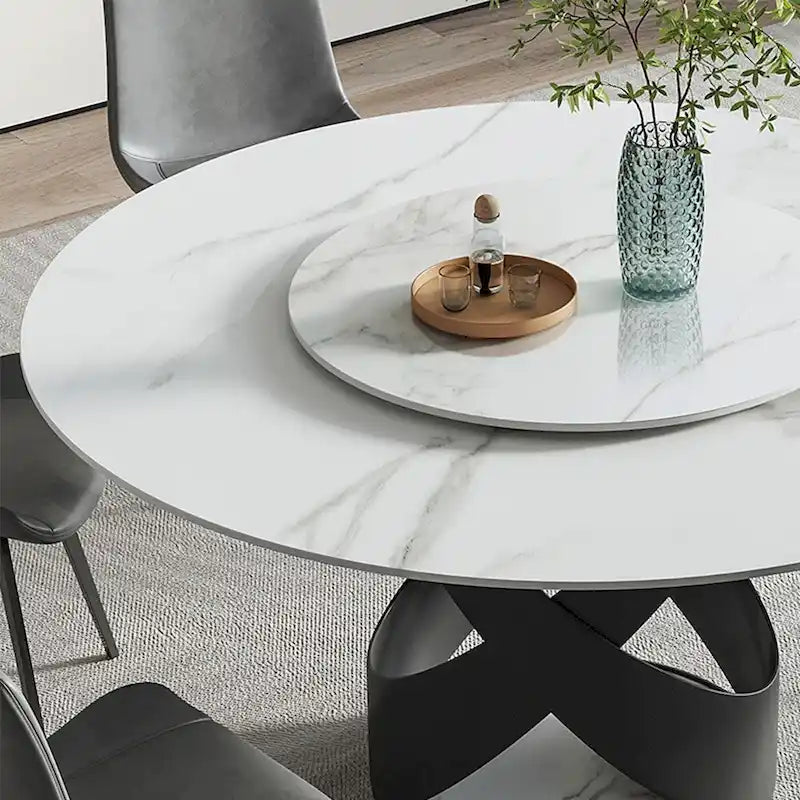 Modern Dining Table Sets, Round Glossy Sintered Stone Dining Table with Dining Chairs