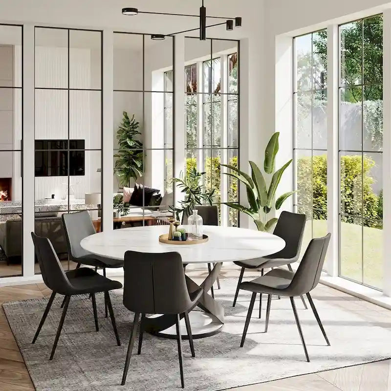 Modern Dining Table Sets, Round Glossy Sintered Stone Dining Table with Dining Chairs